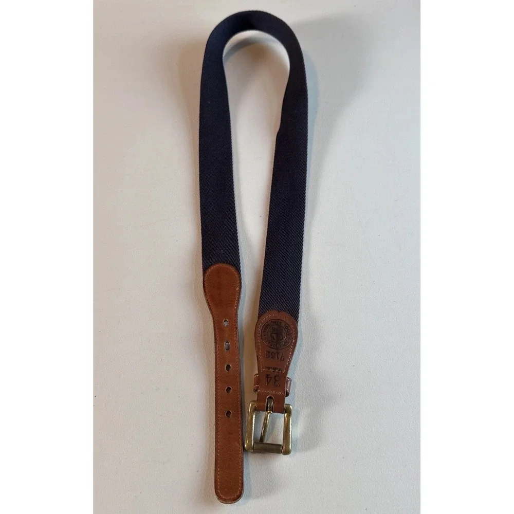 Dooney & Bourke Sz 34 Navy Striped Wool Leather Brass Surcingle Belt Preppy USA